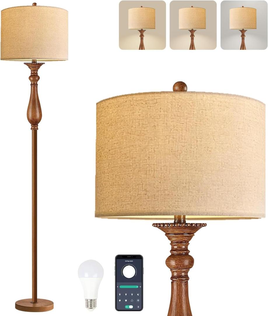 ILLMTW Wood Floor Lamp for Living Room,Bedroom,Vintage Mid Century Modern Standing Lamp with Remote Dimmable,Boho Gold Tall Lamp Fabric Lamp Shade Floor Lights Bohemian Tiffany Style