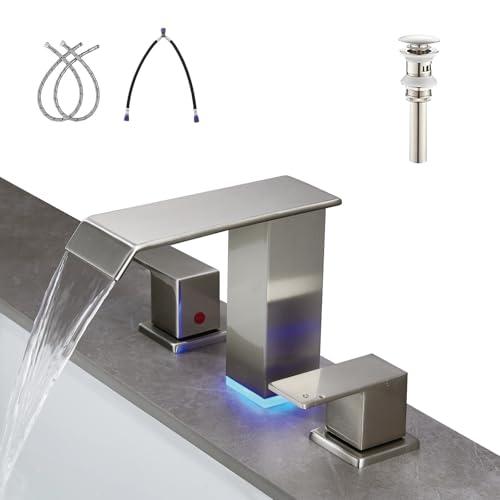 LED Light Bathroom Sink Faucet Widespread- Waterfall Bathroom Faucets for Sink 3 Hole, Bathroom Sink Faucet 8 Inch 2 Handles, Modern Bathroom Faucets with Pop-up Drain