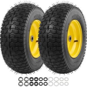 AR-PRO (2-Pack) 16x6.50-8 Tire and Wheel Assembly, 4-Ply Pneumatic Lawn Mower Tires with Inner Tube, 3" Centered Hub, 3/4" & 1" Bushings, V-Turf Tread for Riding Lawn Mowers & Garden Tractors (Yellow)