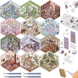 12PCS DIY 3D House Scene Stickers, Fun DIY 3D Sticker Scene Make Your Own Mini Room Supermarket, Cute Cartoon Miniature Scene Sticker Set, 3D House Stickers Quiet Book for Adults Kids Christmas Gifts