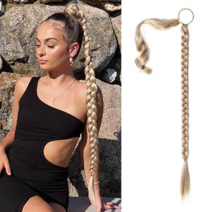 SEIKEA Upgraded Long Braid Ponytail Extension with Elastic Tie Straight Sleek Wrap Around Braid Hair Extensions Ponytail Blonde with Pale Gold Highlights 34 Inch (After Braided 30 Inch)