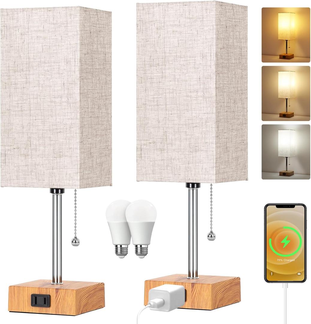 Table Lamp for Bedroom set of 2,3-Color Bedside Lamps with Pull Chain Table Lamps for Nightstand with AC Outlets,Small Night Light Lamps with 2 Bulbs Lamps for Living Room Kids Room Office DecorWood (15inch)