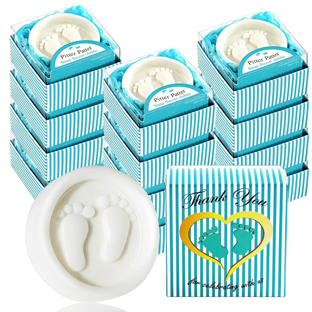 AIXIANG 24 Pack Baby Shower Favors Soaps Handmade Blue Pitter Patte Boxed Baby-feet Scented Soap Favors for Baby Boy Baby Shower Favors (24 Pack, Baby Boys Baby Shower Favors) (1.12 Ounce (Pack of 24))