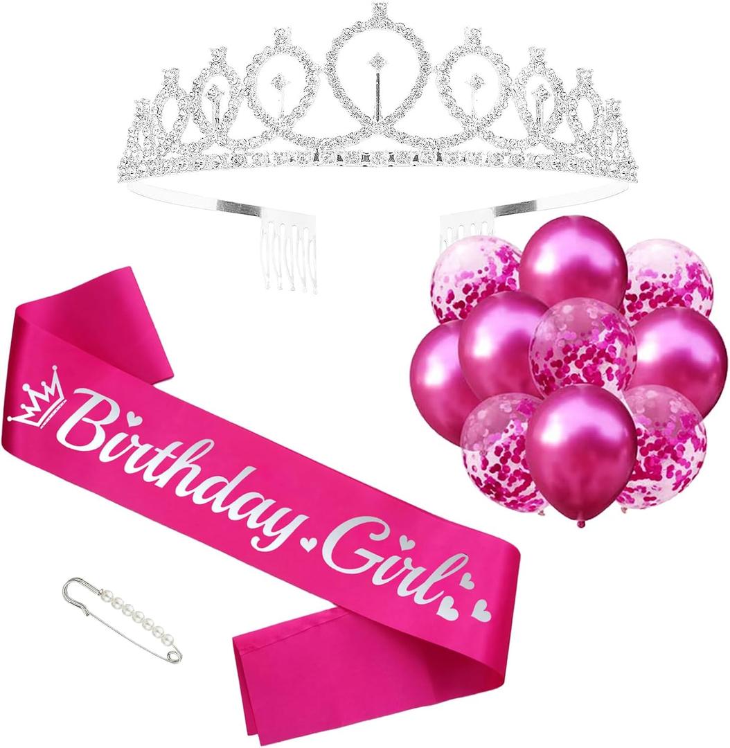Birthday Girl Sash and Rhinestone Tiara Kit, Silver Letter Hot Pink Birthday Sash Balloons Crystal Silver Tiara Crowns for Girl Birthday Gift Ideas Party Decorations