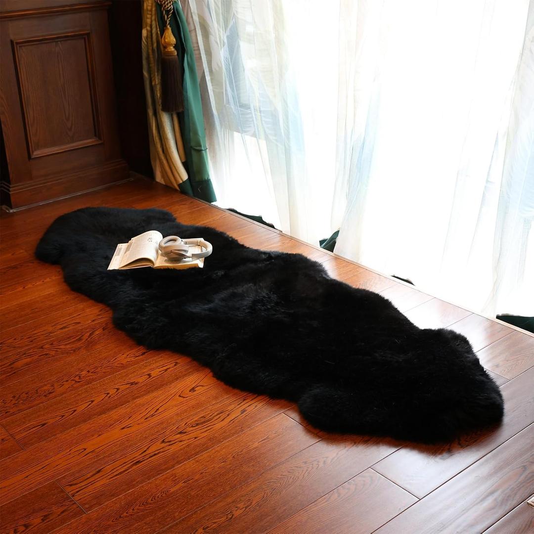 Genuine Sheepskin Rug New Zealand Fluffy Lambskin Rug, Natural Luxury Sheepskin Throw for Bedroom Living Room Children's Room - Premium Area Rug Chair Cover (26 Feet, Black)