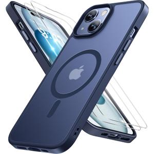Miracase Magnetic for iPhone 15 Case (Compatible with MagSafe)with 2X Screen Protectors Military-Grade Protection, Anti-Fingerprint Translucent Matte Phone Cover for iPhone 15 6.1 inch, Dark Blue