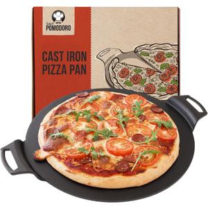 Chef Pomodoro Cast Iron Pizza Pan, Pre-Seasoned Dosa Pan with Handles, Flat Pan for Oven, Round Griddle for Dosa Tawa Roti, Comal for Tortillas, Baking Stove, Oven, Grill BBQ and Campfire (15-inch)
