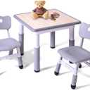 Kids Table and 2 Chairs Set, Height Adjustable Toddler Study Table and Chair Set, Kid Size for Ages 3-8 Children, Graffiti Desktop, Easy to Wipe/Arts & Crafts, Homes/Classrooms/Daycare (Grey)