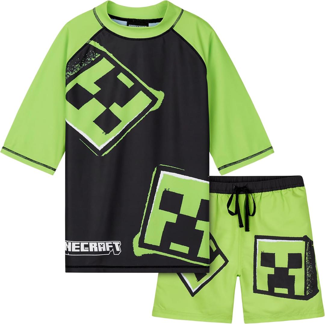 Minecraft Boys 2 Piece Swim Set, Swimming Top and Boys Swim Trunks (9-10 Years, Light Green/Black)