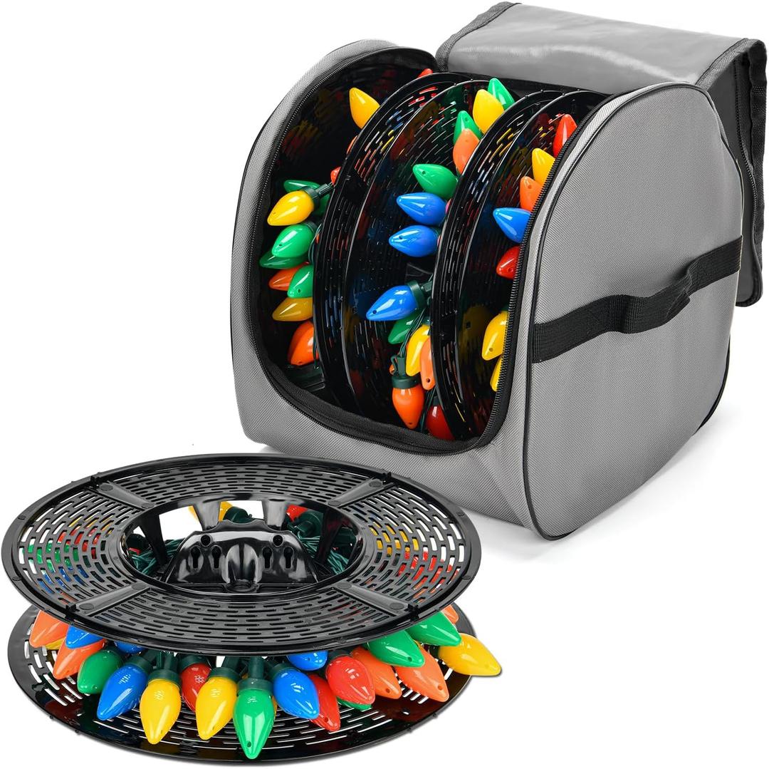 Keten Christmas Light Storage Bag, 600D Oxford Fabric Christmas Light Organizer with Reinforced Handles, 3 Reels Included to Hold 375ft Mini Christmas, Tree Lights & Extension Cords-Grey