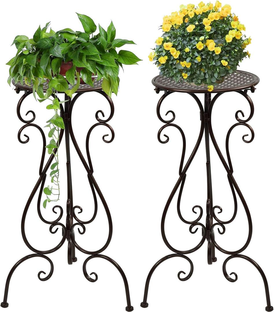 Winiko Pack of 2 Tall Plant Stand, Outdoor Plant Shelf, Indoor Flower Potted Display Holder| Metal Planter Rack for Garden Patio Living Room Balcony (Brown)