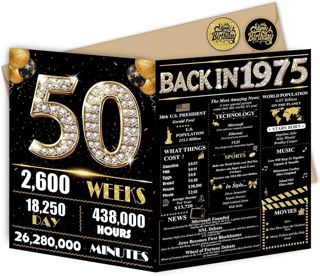 2 x Jumbo 50th Birthday Card for Women Men, Happy 50th Birthday Party Decorations for Her Him, Black Gold 50 Year Old Birthday Card, Double-Sided with Two Stickers