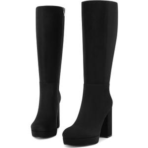 Platform Knee High Boots Women Chunky High Heel Boots for Women Round Toe Side Zipper Tall Boots Gogo Boots Wide Calf (9.5, Black Suede)