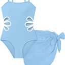 Girls Swimsuit Adjustable Straps Cut Out One Piece Bathing Suit with Solid Color Cover Up Skirt Girls' Swimwear 5-16Y (9-10 Years, Light Blue-1)