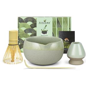 Artcome Matcha Tool Set - Complete Kit with Matcha Bowl with Spout, Bamboo Whisk, Tea Scoop, Whisk Holder, Scoop Holder, Tea Cloth & Powder Strainer, Golden Glaz