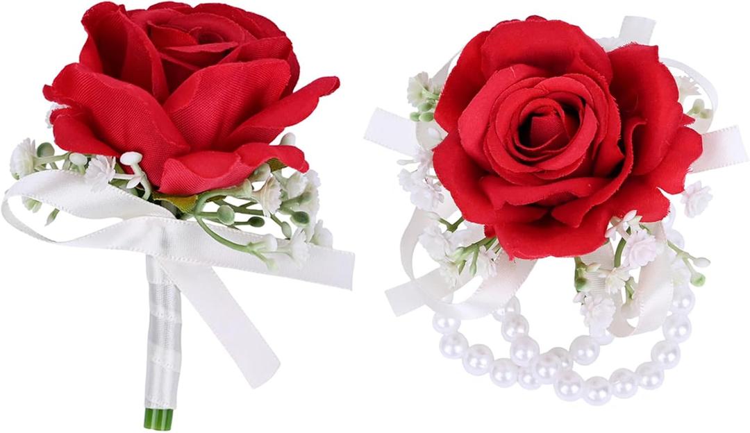 MAFELOE 2 Pieces Party Prom Homecoming Artificial Rose Wrist Corsage and Boutonniere Set, Groom Groomsmen Bride Bridesmaids Wedding Simulation Flowers Accessories Suit Decorations - Red