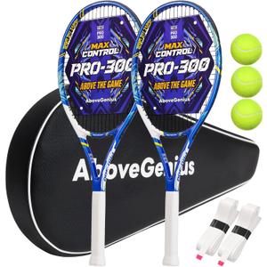 AboveGenius Adult Tennis Racket Set, 2 Pre-Strung 27-Inch Tennis Racquets with One-Piece Frame, 105 sq. in. Oversized Head, Shock-Reducing Feel, Non-Slip Grips, 3 Balls & Carry Bag