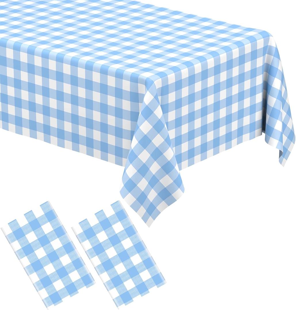 2 Pack Light Blue Gingham Tablecloth Rectangular Pale Blue and White Checkered Tablecloths Disposable Plastic Plaid Table Cover for Parties, Outdoor Picnic, Birthday, Wedding, Camping
 137x247 cm