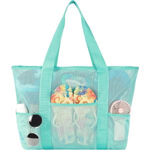 Mesh Beach Bag, Large Bag with Zipper Beach Bags for Women Waterproof Sandproof with 5 Pockets Green