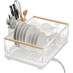 Dish Drying Rack for Kitchen CounterDishes Drainer Racks with Removeable Cutlery Holder and Wood Handle White Metal Strainer Organization for Knives, Spoons, and Forks