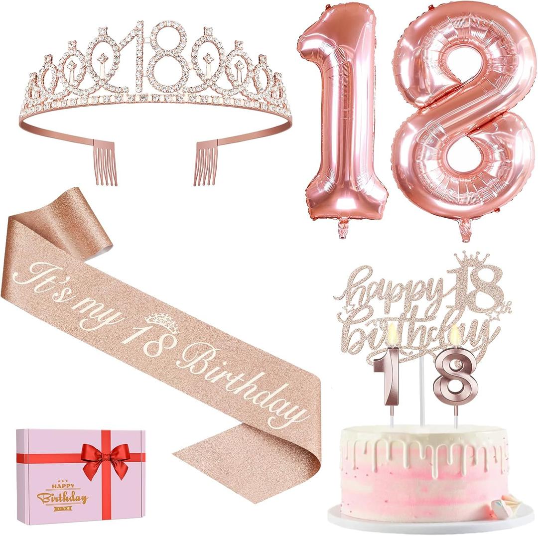 18th Birthday Decorations for Girls, Including 18th Birthday Sash and Tiara, Cake Topper and Candles, Number Balloons, 18 Year Old Gifts for Girls