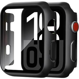 2 Pack Case for Apple Watch Screen Protector, Hard PC Case with Tempered Glass Protective Cover Guard Bumper, Slim Apple Watch Cover for iWatch Series 3 2 1 - Black/Black 42mm