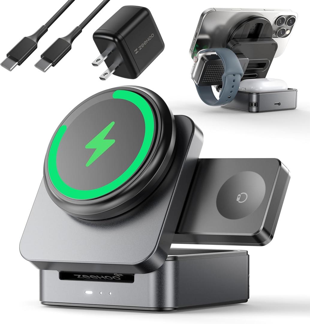 ZEEHOO 3-in-1 Foldable Magnetic Wireless Charging Station, Qi2 Certified 15W Travel Charger Stand Dock for iPhone 17/16/15/14/13/12 Series, Apple Watch, AirPods (30W Adapter Included) (Gray)