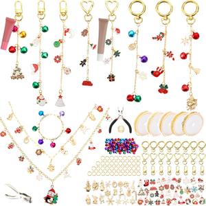 Liliaafar 325pcs Christmas Lip Gloss Keychain Making Kit for Women 60 Lip Gloss Charms 50 Bells 24 Keychain Clips 150 Jump Rings 32.8 Feet Gold Chains for Jewelry Necklace Bracelet Making DIY Crafts