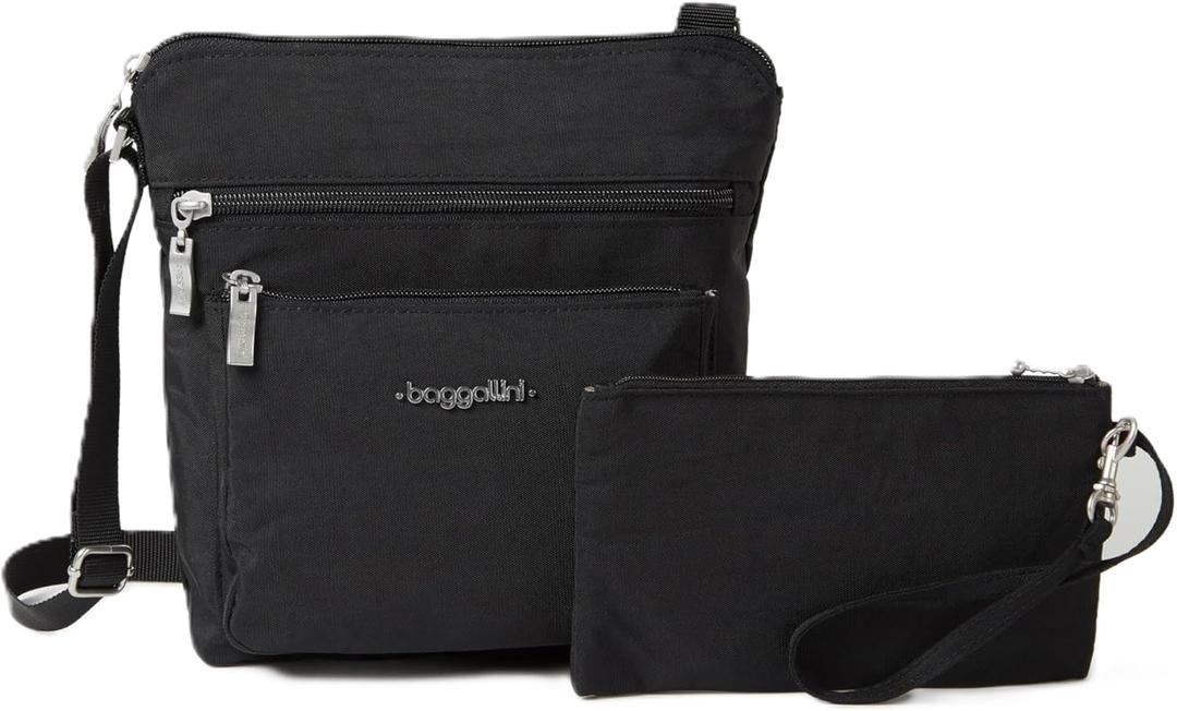 Baggallini Pocket Crossbody Bags for Women 8x8 Small Lightweight Durable Nylon Water-resistant Travel Purse W/Rfid Wristlet (Black/Sand)