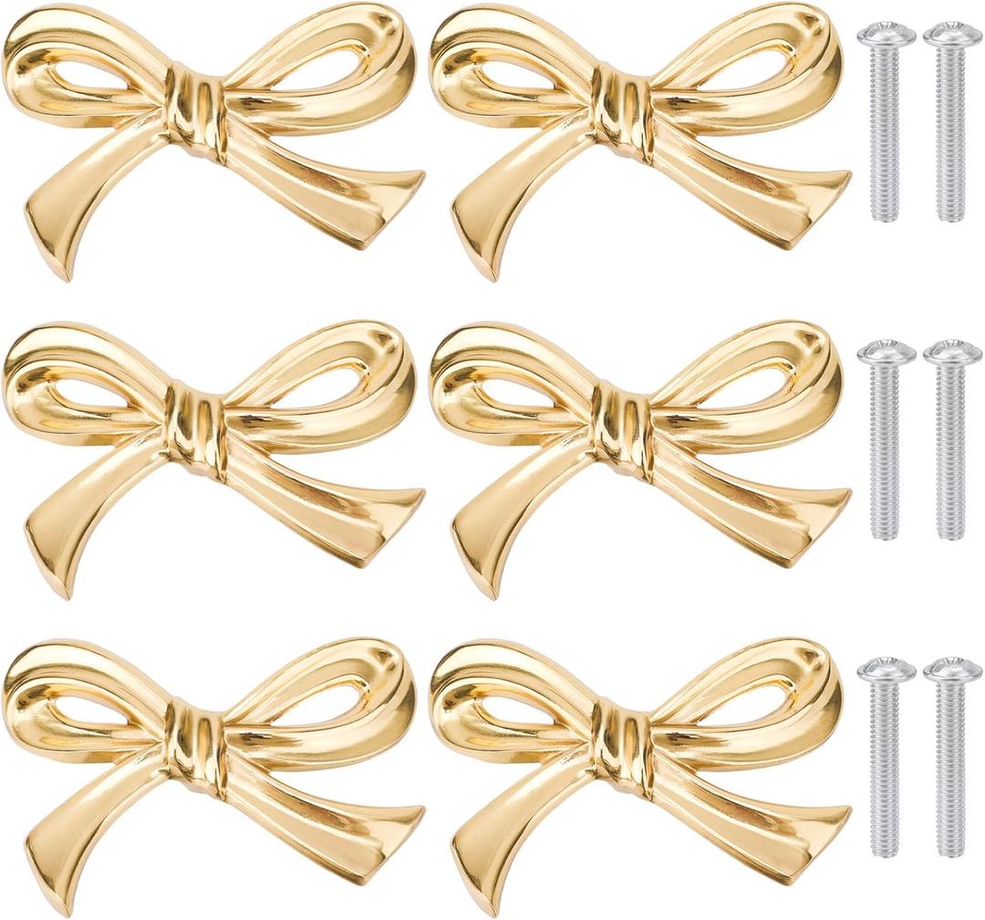 6pcs Bow Shape Cabinets Knobs, Brass Bow Furniture Door Pulls Vintage Gold Drawer Knobs Decorative Bow Dresser Handle Gold Bow Hardware for Dresser Home Kitchen Cupboard Drawer Wardrobe Pulls