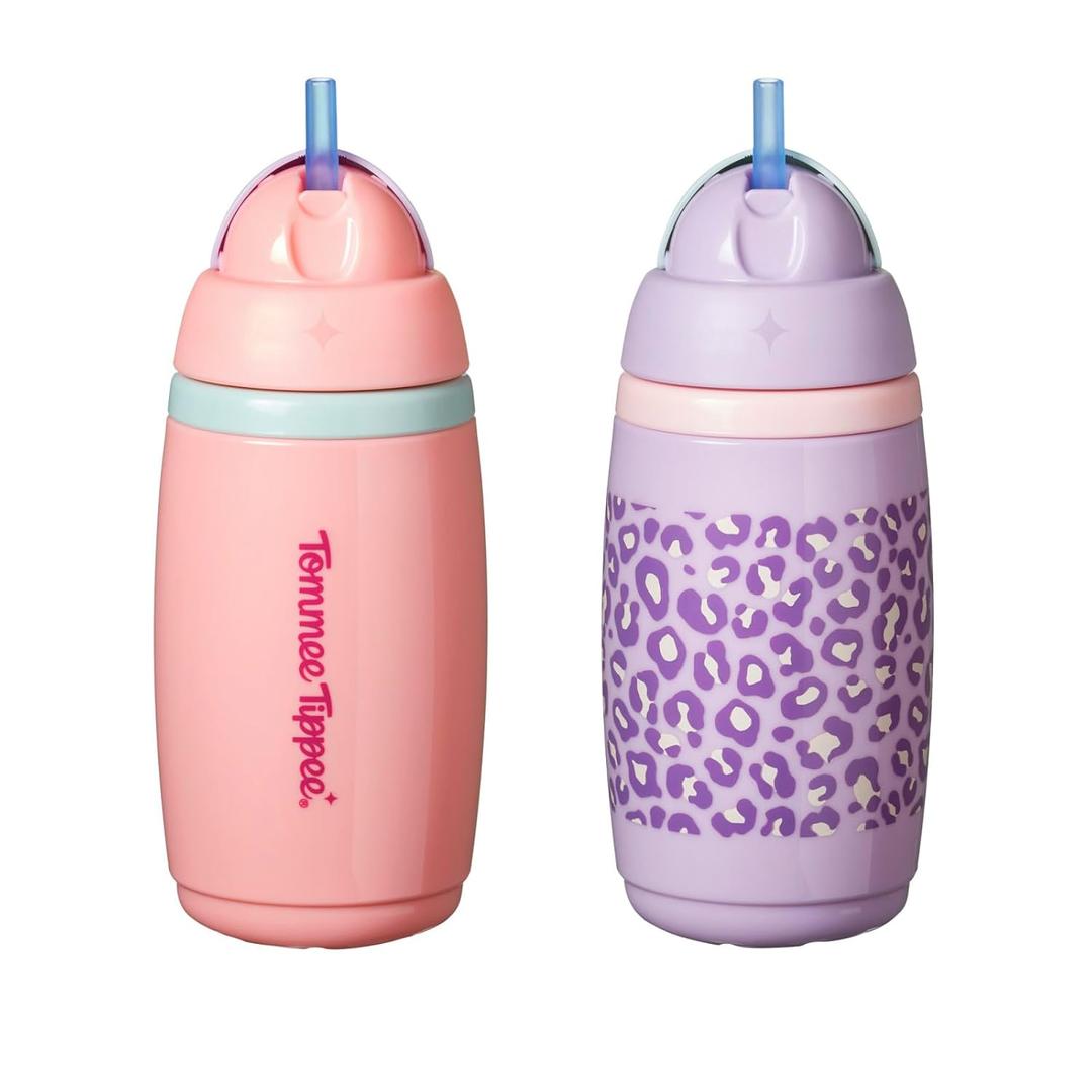 Tommee Tippee Active Straw Toddler Cups, 9 oz, Insulated Sippy Cups For Toddlers 1-3, Silicone Straw and Leak-Proof Valve, Pink and Purple, Pack of 2