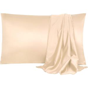 uxcell 2 Pack Silk Satin Pillowcase for Hair and Skin, Cool, Silky, Soft Breathable Pillow Cases King Size 20x36 Inch Sateen Pillowcase Light Tan with Envelope Closure
