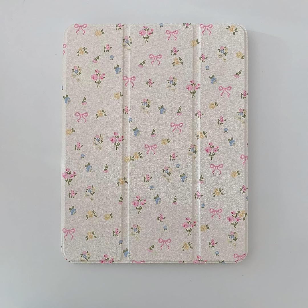 Slim Leather Hard Folio Case with Adjustable Stand Pencil Holder for Apple Cream White Pink Bow Flower Floral Chic Cute Lovely Adorable Girls Kids (for iPad Pro 11-inch 5th Generation 2024)