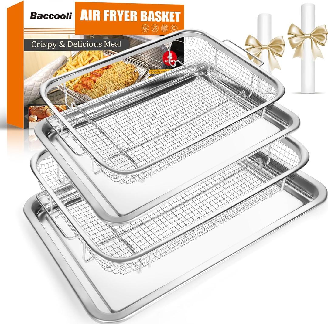 Air Fryer Basket for Oven, Stainless Steel Oven Air Fryer Basket and Tray Set, 2 Pack Air Fryer Pan Rack with 100 Pcs Parchment Papers - 15"x11" & 12.8"x9.6" (15"x11" & 12.8"x9.6")