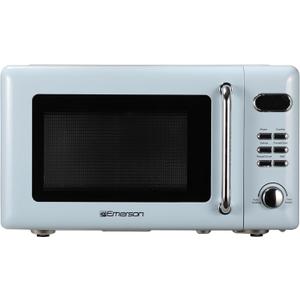 Emerson MWR7020BL Retro Compact Countertop Microwave Oven with Button Control, LED Display, 700W 5 Power Levels, 8 Auto Menus, Glass Turntable and Child Safe Lock, 0.7, Thunderbird Blue
