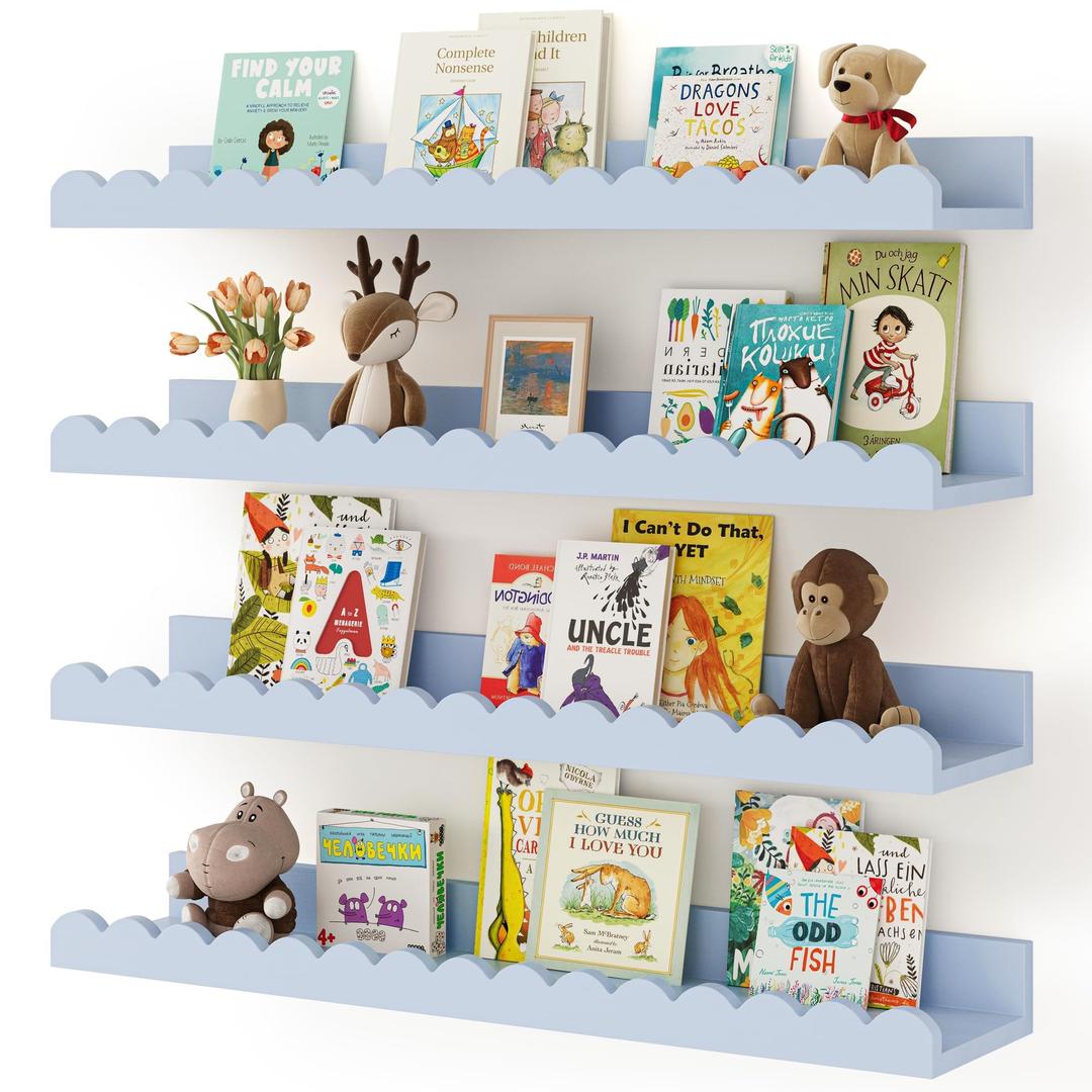 Shario Nursery Book Shelves, 4-Pack White Floating Shelves for Wall Kids, Scalloped Shelves, Wall Book Shelves for Bedroom Kids, Toddler Room, Baby Room, Nursery Decor(Blue, 23 Inches)