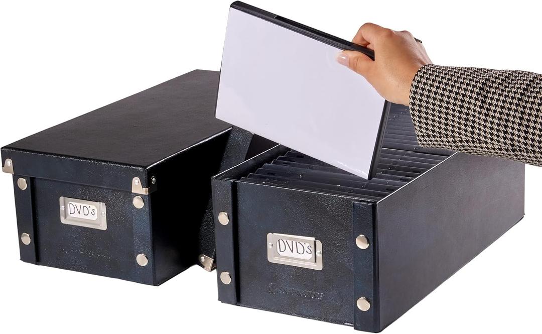 Snap-N-Store DVD Storage Box - 2 Pack - Durable 6 x 8.2 x 16.5 Inch Movie Organizers - Disc Holders with Lids to Store up to 52 DVD Cases - Black.