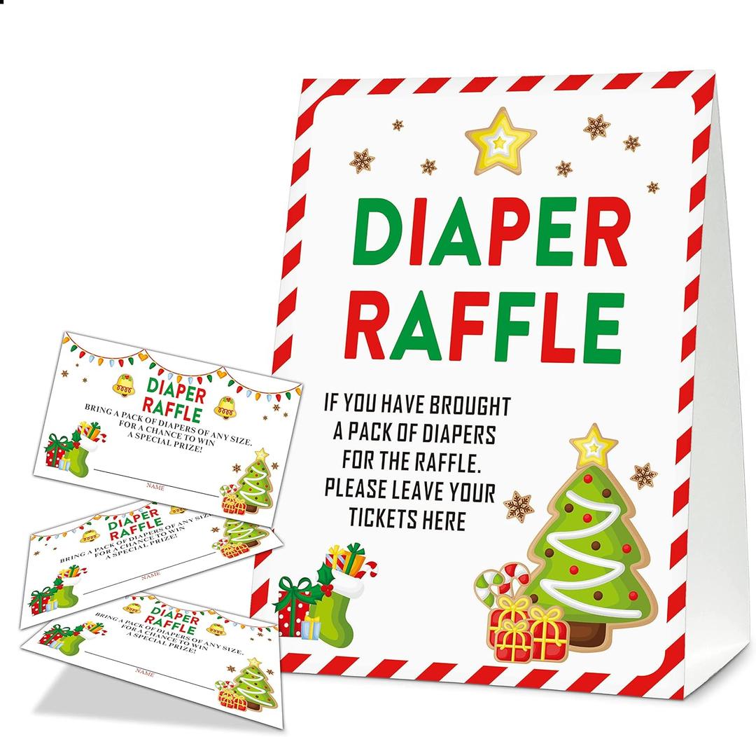 Christmas Diaper Raffle Game Sign and Card, Christmas Shower Party Game Set, 1 Sign with 50 Raffle Tickets LK-015