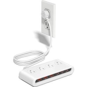 Power Strip with USB C 35W,10-in-1 Flat Plug Wall Charger - 5FT Extension Cord with 4AC, 3 USB A & 3 USB C - PD20W Charging Station for Multiple Devices - Travel Home Office (White)