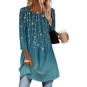 Zeagoo Women Tops 3/4 Sleeve Dressy Casual Plus Size Tunics to Wear with Leggings Swing Flare T-Shirt Loose Blouses (Small, Blue Leaves-xh363)