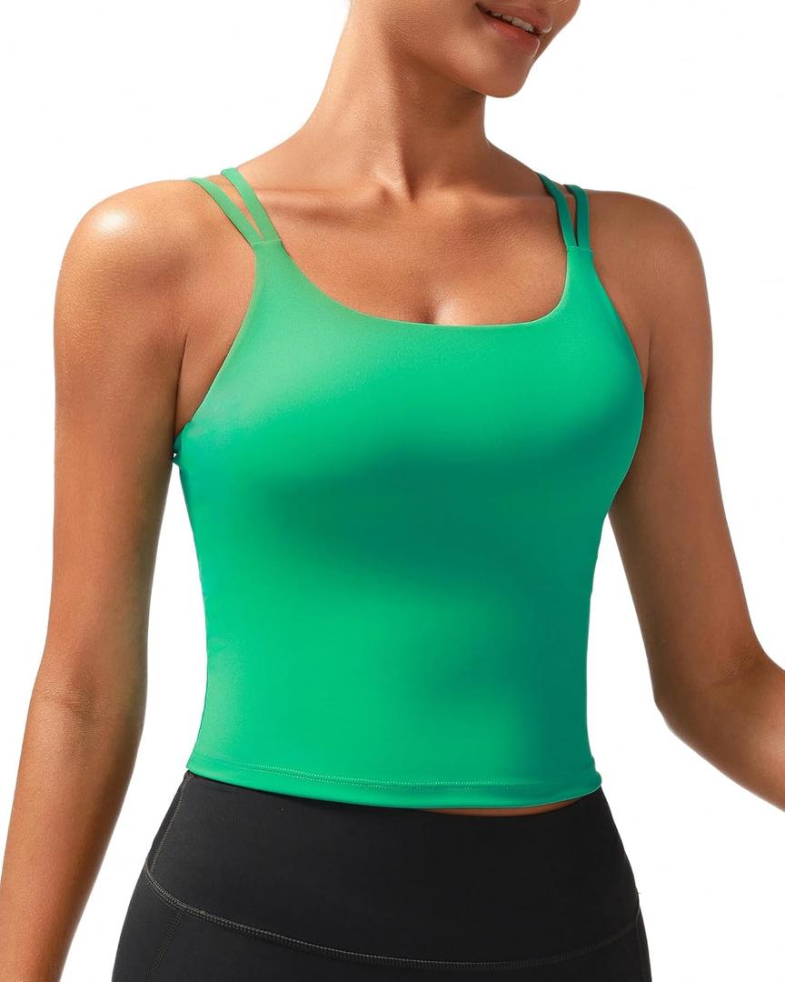 RUNNING GIRL Yoga Tank Tops for Women Built in Shelf Bra B/C Cups Strappy Back Activewear Workout Compression Tops (Green, L)