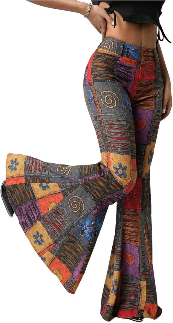 SOLY HUX Women's Retro Bell Bottom Pants High Waisted Printed Skinny Flare Leg Trousers (Medium, Multicolor)
