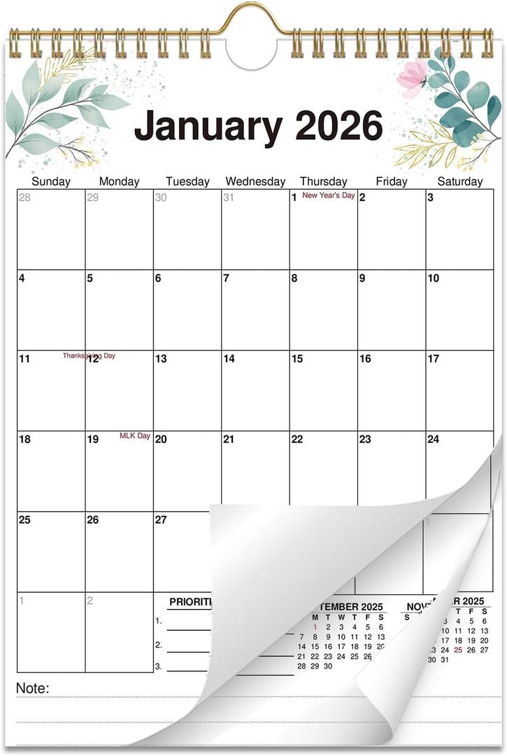 4 x 2026 Wall Calendar, Monthly Planner from September 2025 to December 2026, A4 Size with Holidays & Notes Section, Flower Design
