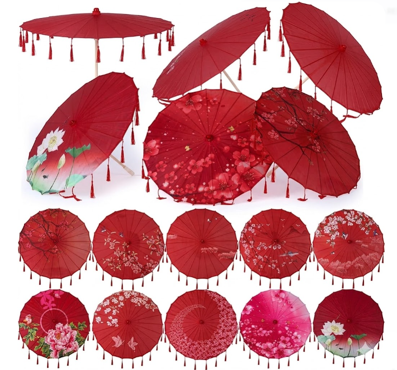 Sadnyy 10 Pcs 33" Chinese Oiled Paper Umbrella Bulk with Tassels Japanese Art Asian Style Silk Parasol for Wedding Parties, Bridal Showers, Photography Costume Cosplay Decoration (Red)