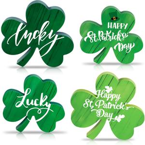 3 x St Patricks Day Wooden Shamrock Decoration, 4-Piece Set of St. Patrick's Day Tabletop or Tray Multi-Layer tiered tray decor Tray Decoration, shamrock decorations, Office Decor (Green03)