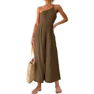ANRABESS Women's Summer Straps One Shoulder High Waist Dressy Casual Wide Leg Linen Jumpsuit Romper Beach Travel Outfits (Brown, S)