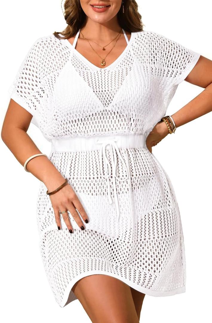 Aqua Eve Plus Size Swimsuit Cover Up for Women-Crochet Beach Dress V Neck Tie Waist Bathing Suit Cover Up (White)