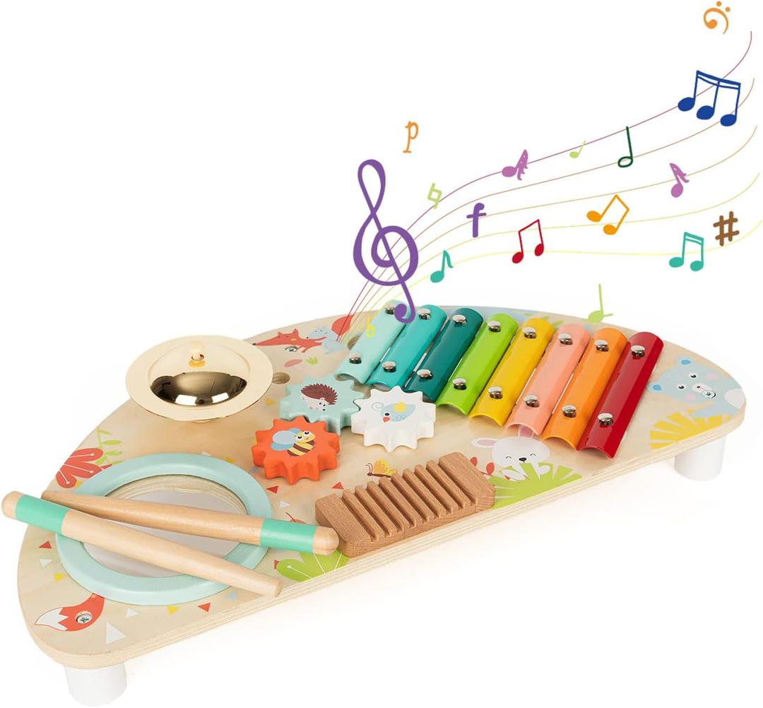 Baby Toys Musical Instruments, Rundad All-in-one Wooden Montessori Musical Set for 1&2Y (Includes Xylophone Drum Cymbal Guiro Gears), Gifts for 1+ Year Old Girl Preschool