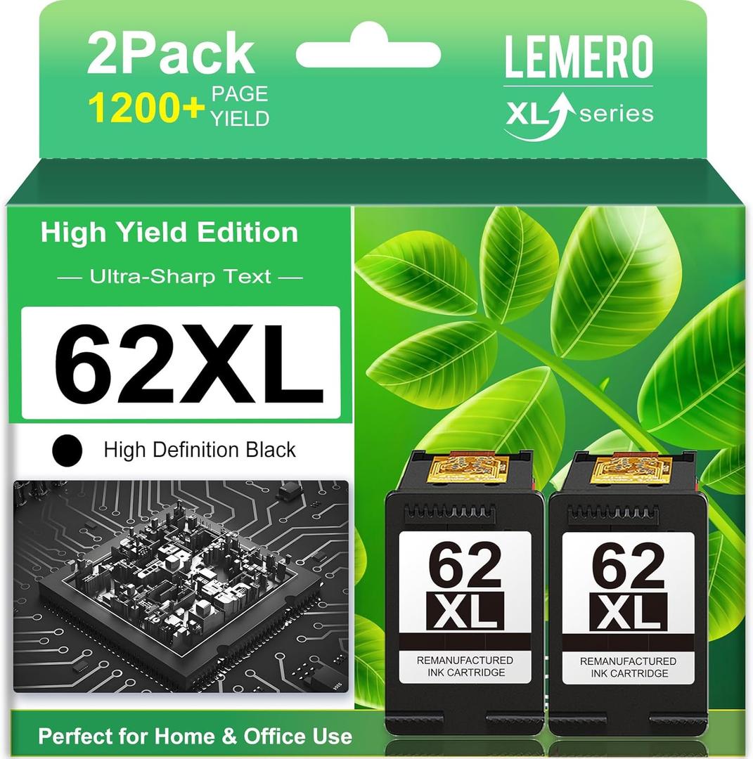 LEMERO Remanufactured for HP 62XL Ink Cartridges Black Replacement for HP 62 Black Ink Cartridge 62XL Ink Cartridge Combo Pack Work with Envy 7645 7640 7645 Envy 5660 5540 Officejet 250 200 Printer