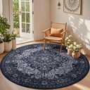 nesrt Boho Round Rugs 8ft for Living Room, Vintage Non-Slip Washable Circle Bedroom Rug, Soft Faux Wool Thin Printed Floor Carpets for Kids Nursery Dining Room Farmhouse Home Office (Navy Blue)